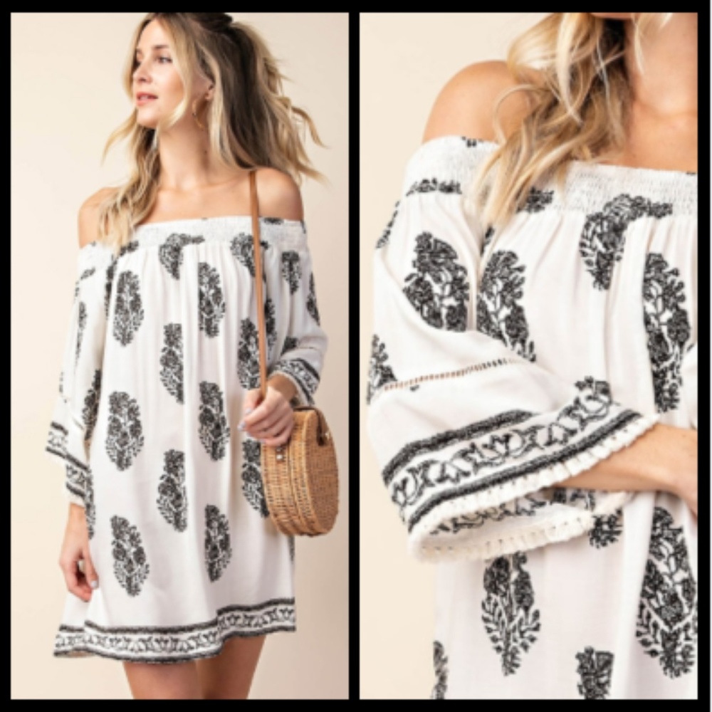 OFF SHOULDER DRESS WITH BORDER PRINT Pack of 3